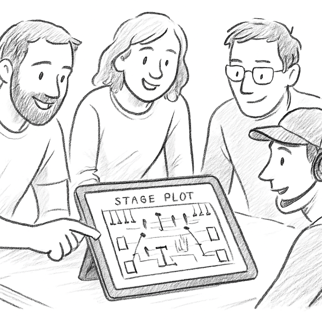 A concert technical team gathered around a large stage plot on a tablet, discussing positions of speakers, lights, and instruments. Alt: équipe technique concert planification stage plot tableau partagé