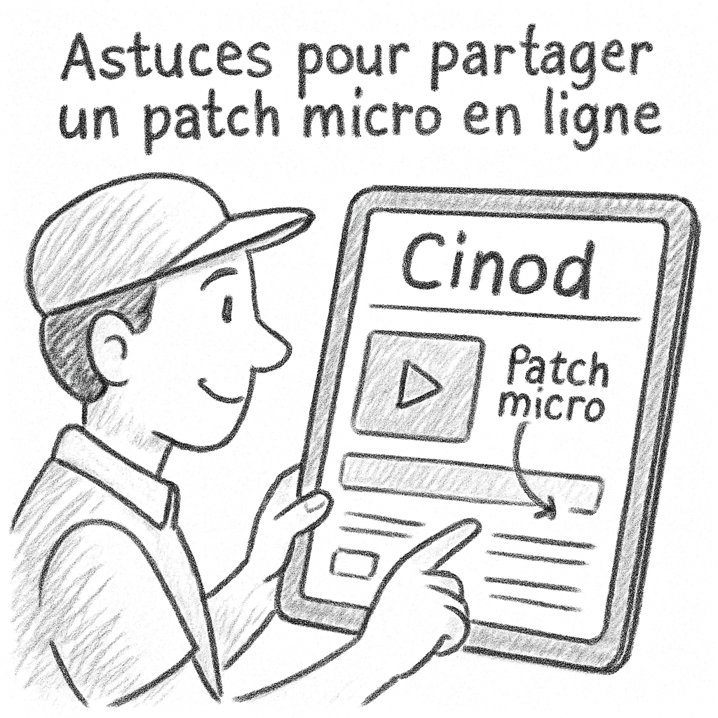 A technician checking a shared micro patch on a tablet, showing the Cinod interface with annotations. Alt: Astuces pour partager un patch micro en ligne