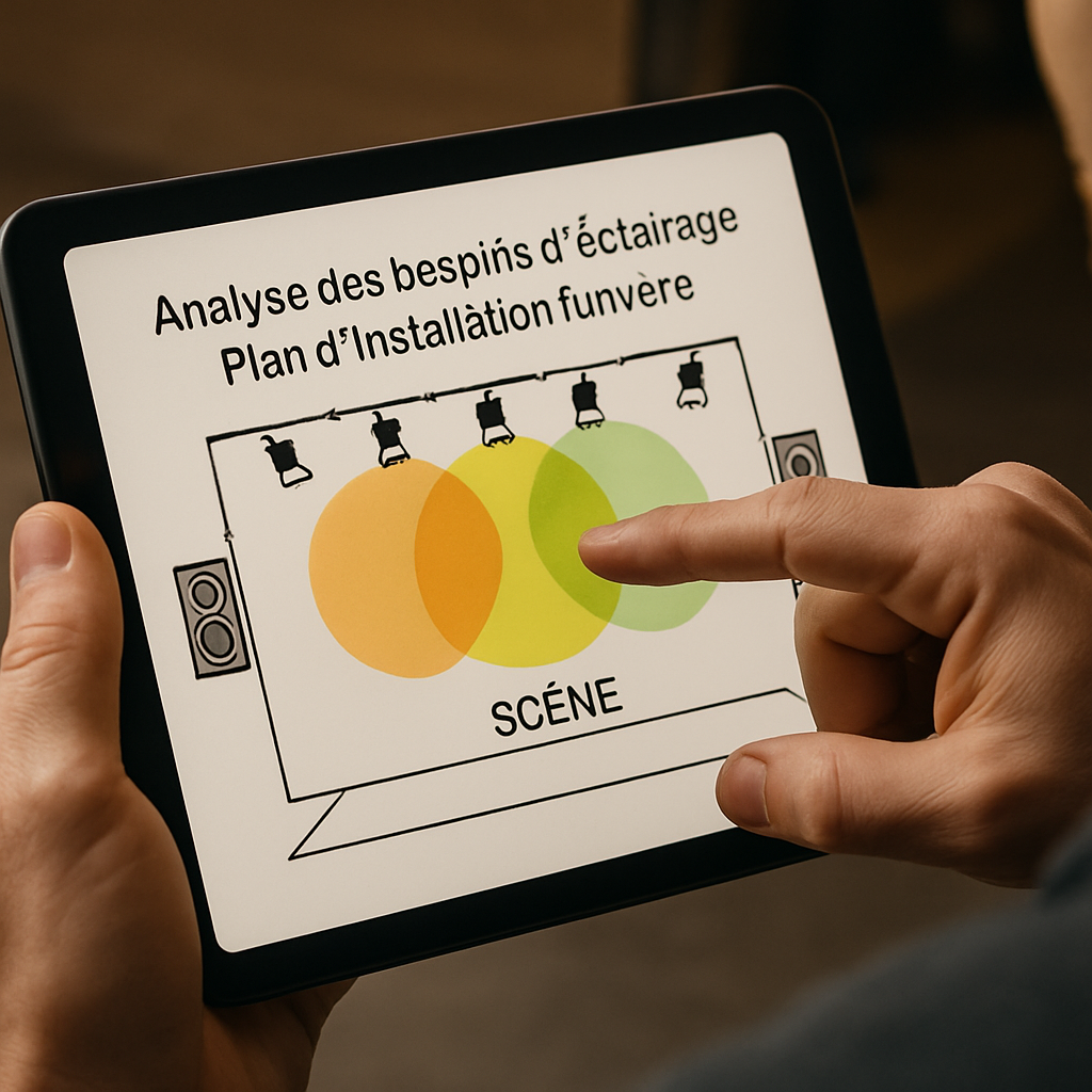 A stage plan on a tablet with highlighted lighting zones, showing a technician pointing at the screen. Alt: Analyse des besoins d'éclairage pour partager plan d'installation lumière
