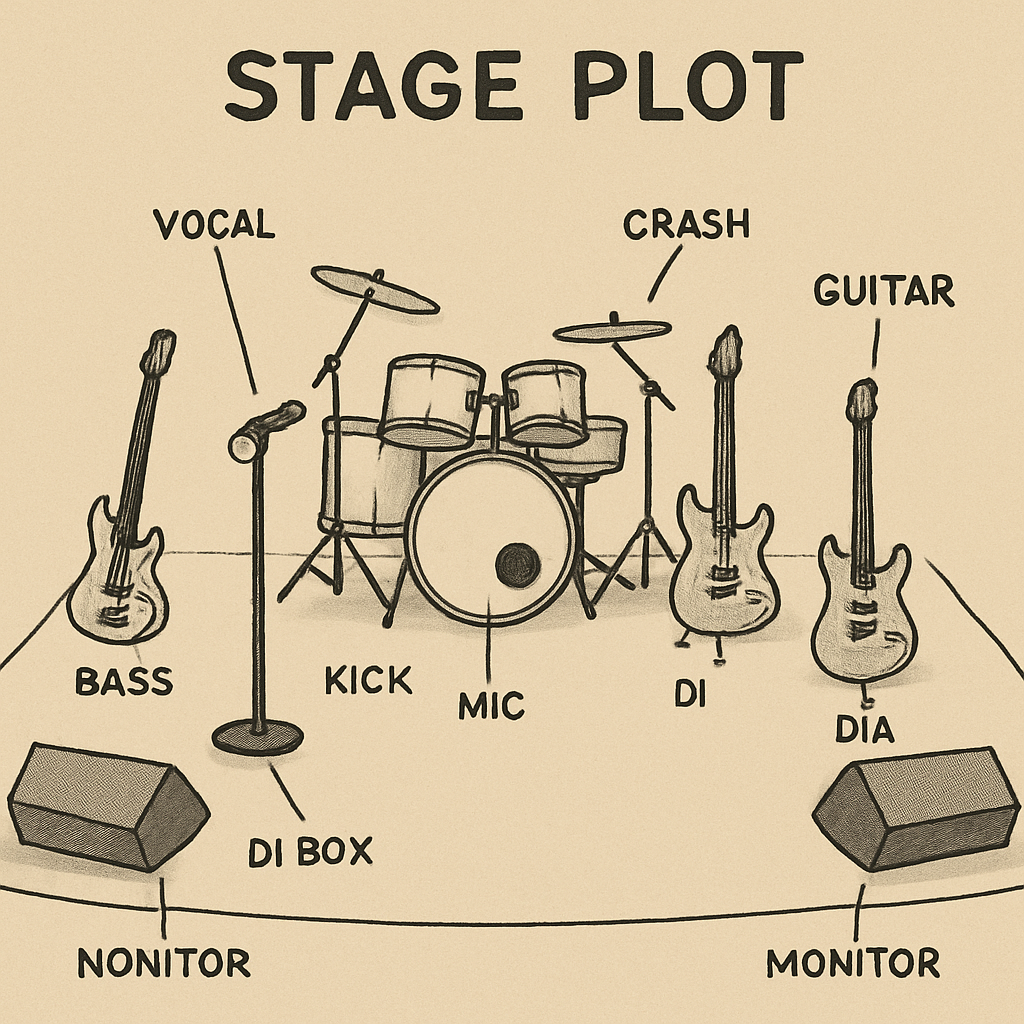 A detailed stage plot sketch with labeled microphones, DI boxes, and monitor positions, showing a clear layout for a live concert. Alt: Étape 1 vérifier matériel concert balance son