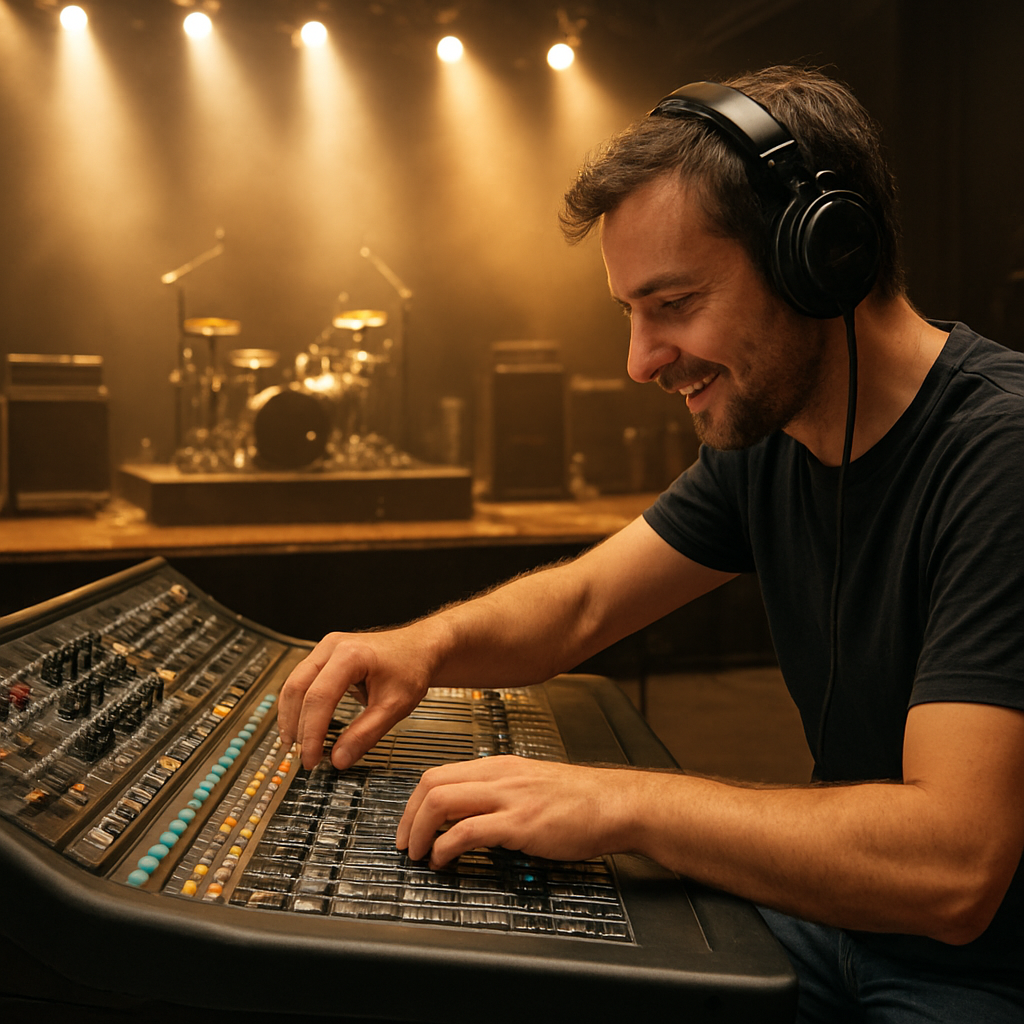 A sound engineer adjusting a mixing console during a live concert soundcheck. Alt: Réglages finaux de la balance son concert