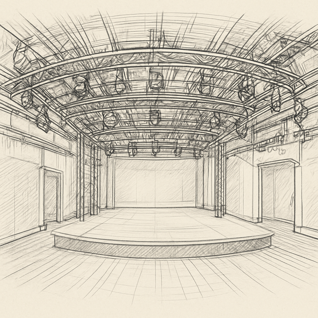 A panoramic 360° view of a concert hall stage area, showing rigging points, cable trays, and lighting fixtures. Alt: Repérage salle de concert visite virtuelle 360