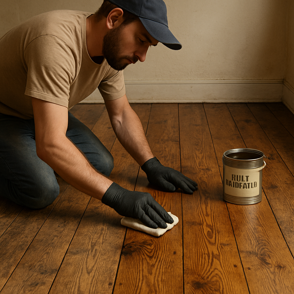 Un artisan appliquant soigneusement une finition huileuse sur un plancher ancien en bois franc. Alt: Application de finition pour restauration plancher ancien bois franc avec huile naturelle.