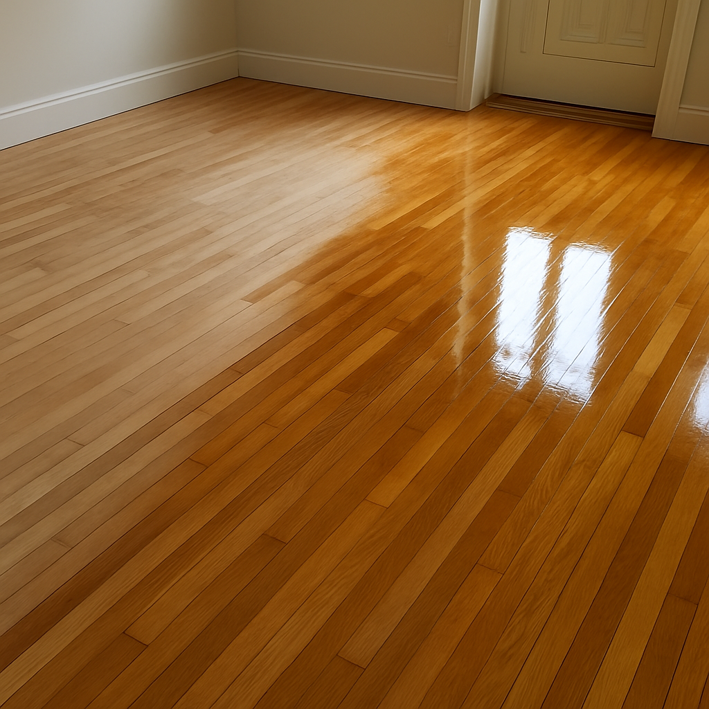 Photo d’un plancher en cours de finition, montrant un ponçage soigné et un vernis brillant qui fait ressortir la beauté naturelle du bois. Alt: Rénovation plancher bois franc après sablage avec finition vernis ou huile.