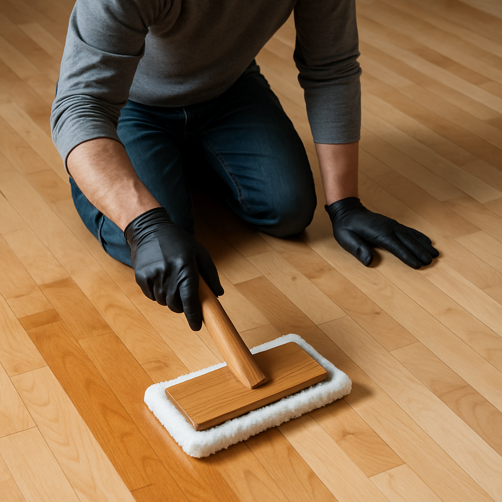 Une personne appliquant soigneusement une huile naturelle ou un vernis satiné sur un plancher en érable verni avec un applicateur en microfibres. Alt: Application produit de finition pour entretien plancher en érable verni.