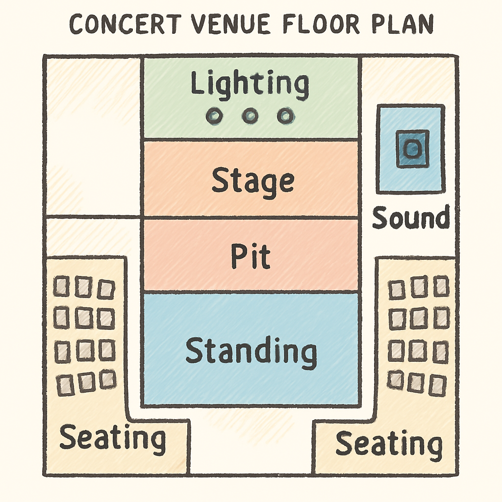 An illustration of a concert venue floor plan with colored zones for lighting and sound equipment, showing IDs and labels ready for export. Alt: comment synchroniser un plan de salle interactif avec la billetterie
