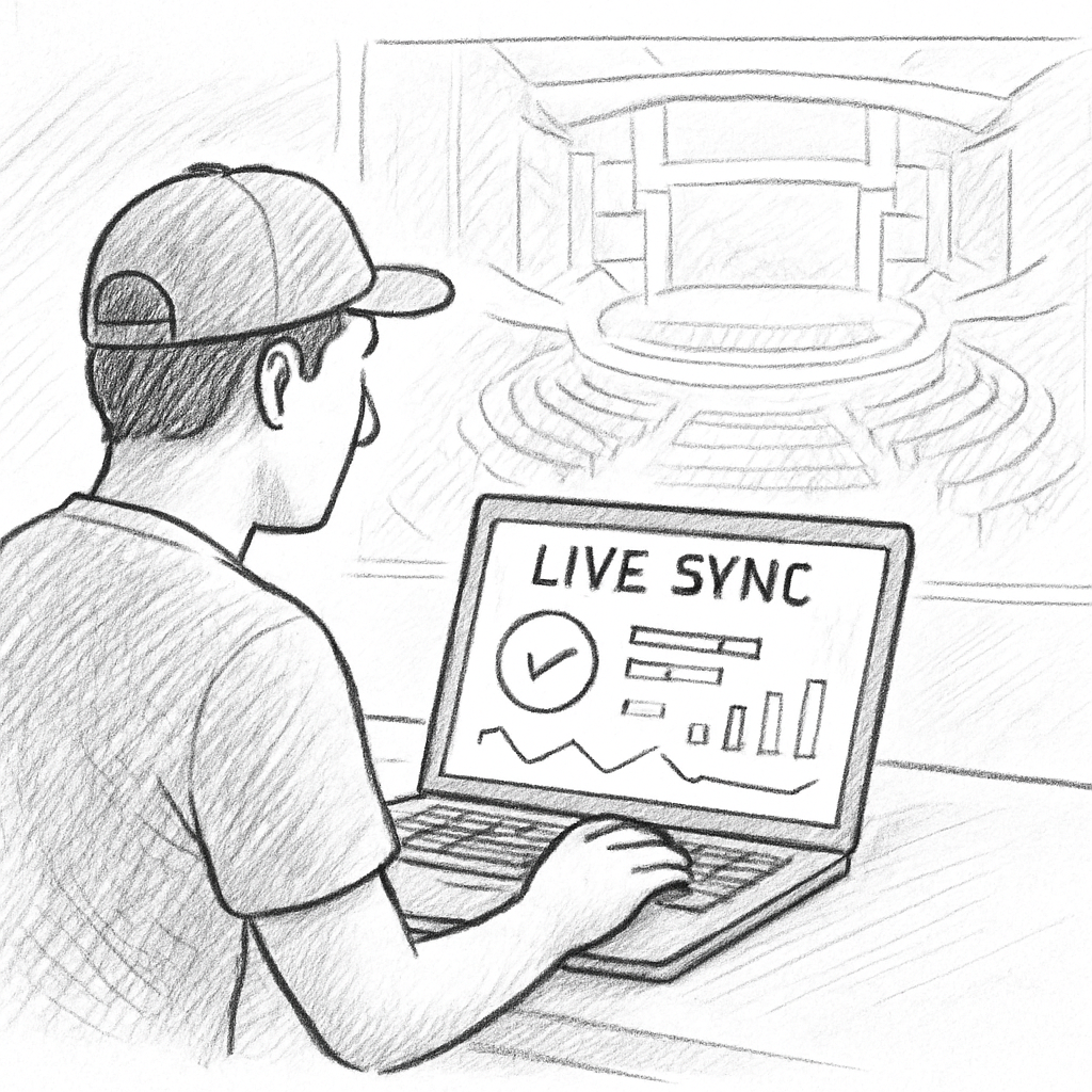 A technician checking a live sync dashboard on a laptop while a concert hall map glows in the background. Alt: Tester la synchronisation en temps réel entre LightStagePlot et la billetterie