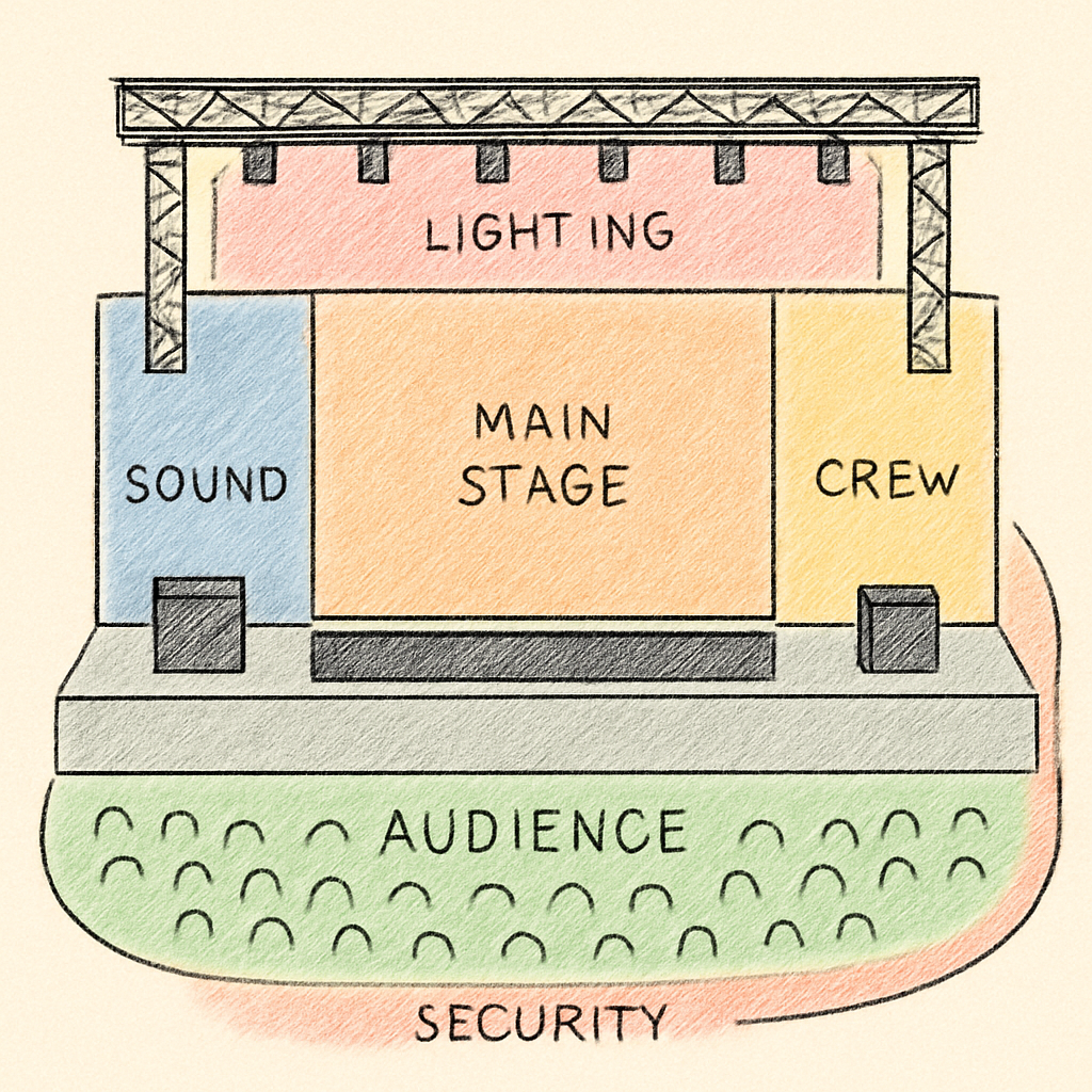A detailed 3D rendering of a concert stage plan with color‑coded zones for sound, lighting, and crew pathways. Alt: plan de scène coloré avec repères de sécurité et zones logistiques