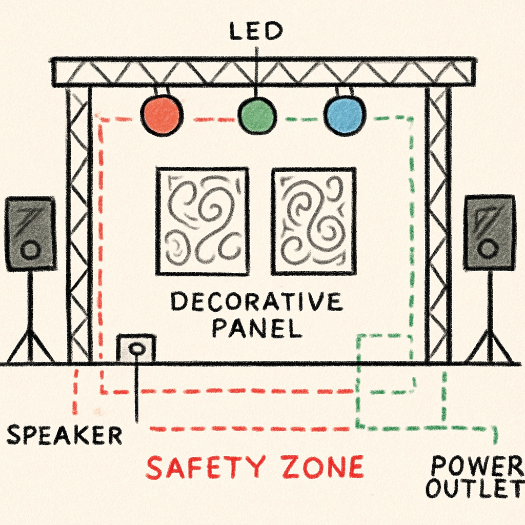 A detailed stage plot showing speakers, LED fixtures, decorative panels and power outlets, with color‑coded symbols for safety zones. Alt: plan de scène détaillé avec matériel et décors