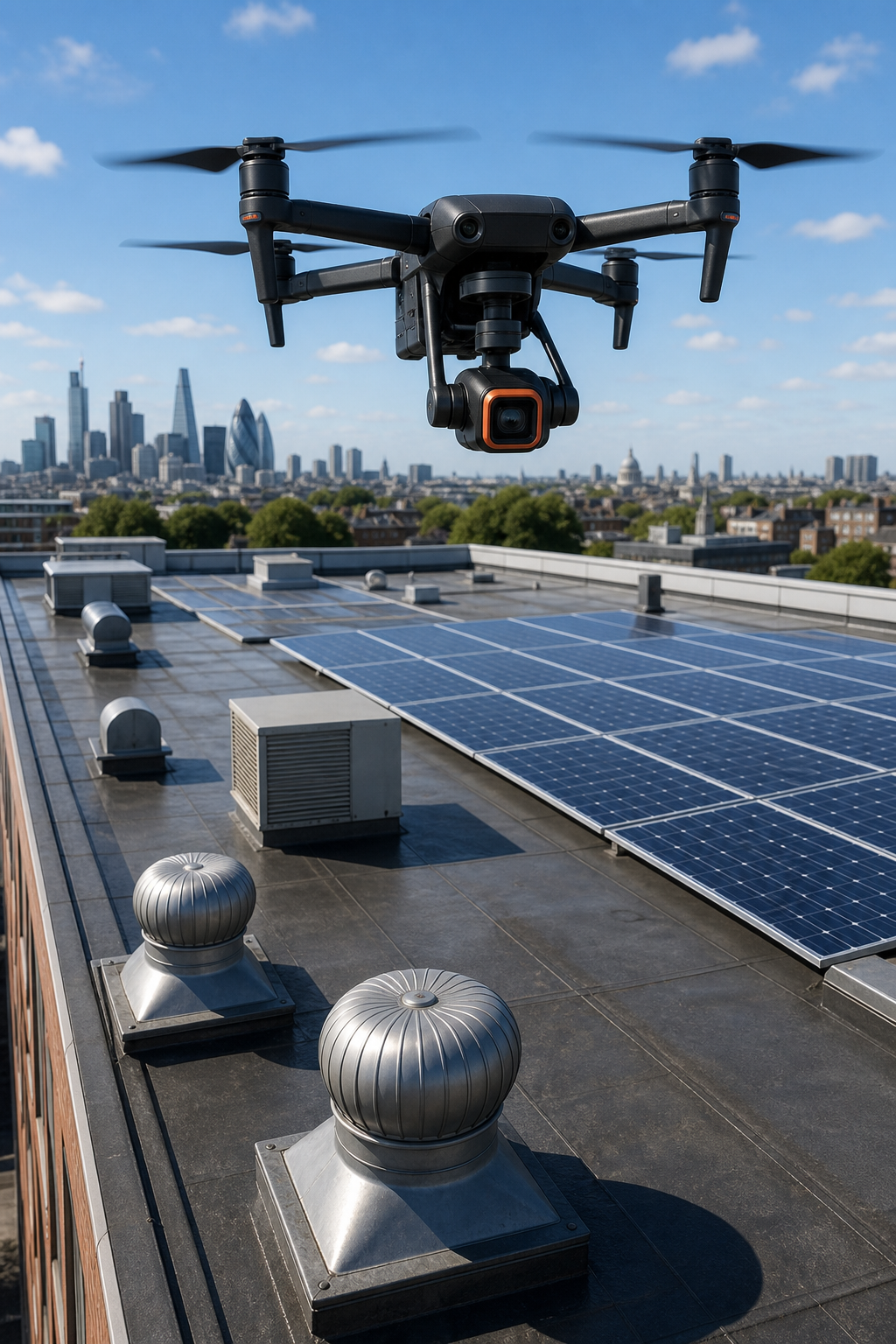 A photorealistic drone with a thermal camera hovering above a commercial flat roof on a sunny day. The drone is prominent, with the roof showing visible roof vents and solar panels. Alt: Drone equipped with thermal camera performing commercial building roof inspection.