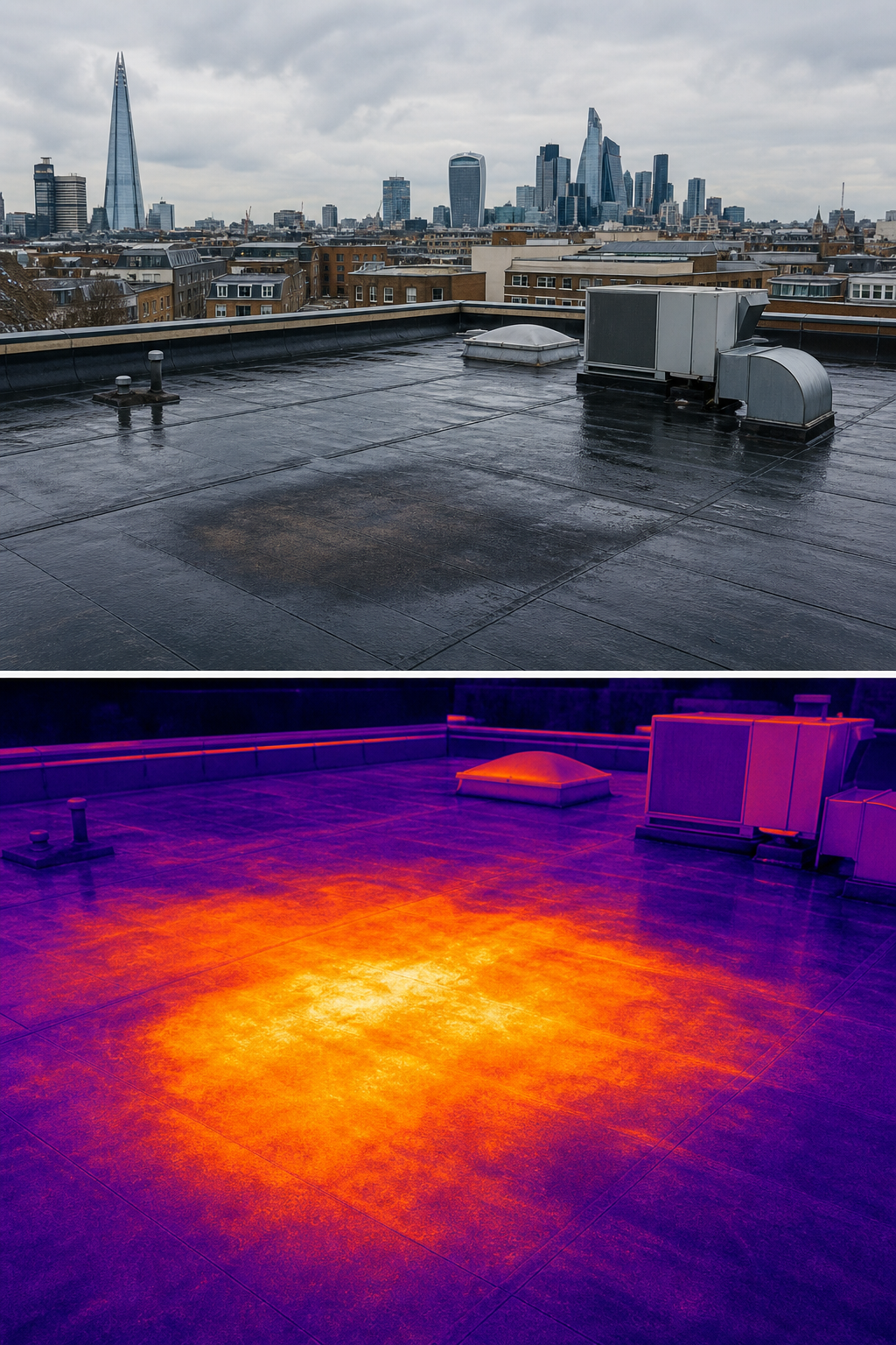 A split-screen comparison of a visual photo and a thermal image of a commercial flat roof. The thermal image shows a bright orange hotspot indicating trapped moisture. Alt: Visual and thermal comparison of commercial roof moisture defect.