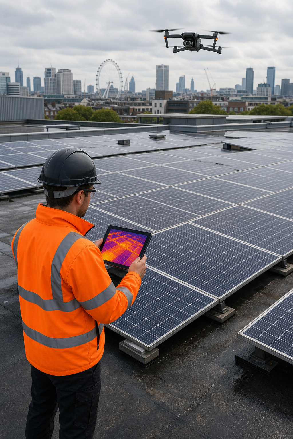A drone flying over a large commercial flat roof with solar panels, capturing thermal data. A technician monitors a tablet on the ground. Alt: Commercial drone roof inspection with thermal imaging by Visual Perspectives