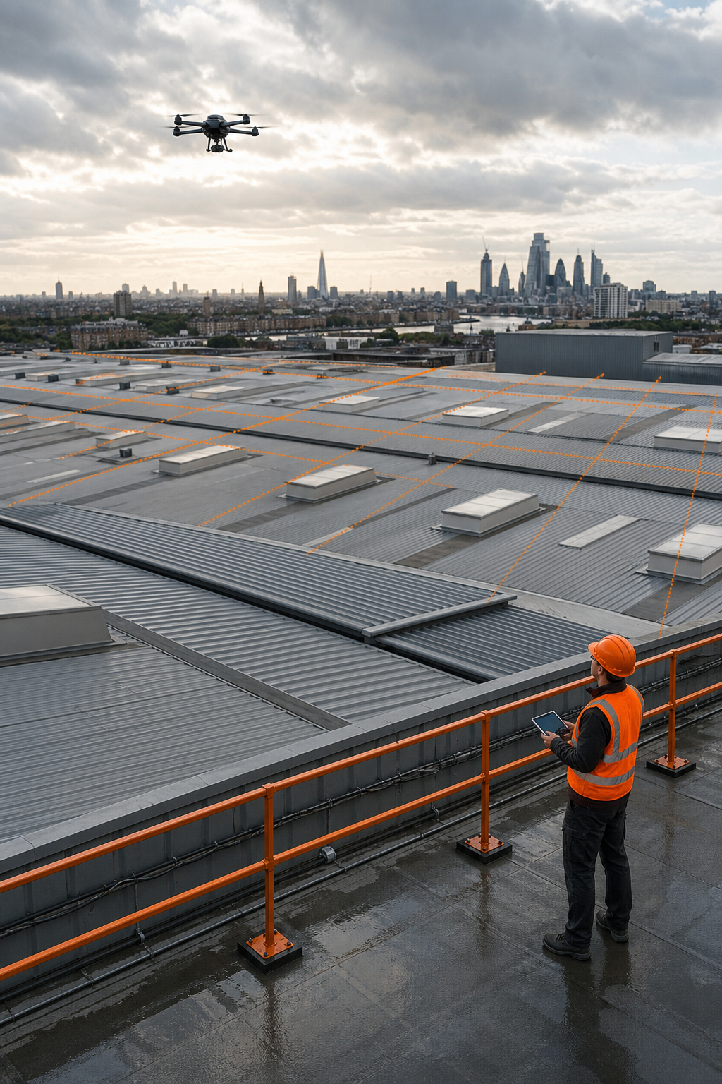 A wide-angle view of a large industrial roof with a drone flying in a grid pattern. Alt: Large commercial roof inspection using drone grid pattern