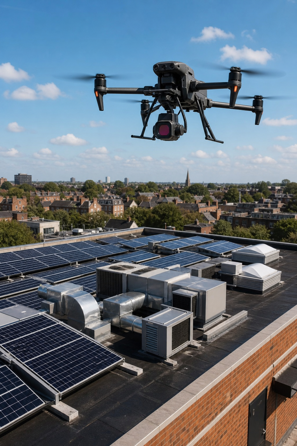 A photorealistic drone with a thermal camera hovering above a large commercial flat roof with HVAC units and solar panels, capturing data on a sunny afternoon. Alt: Commercial drone roof survey using thermal imaging on a flat roof with solar panels.