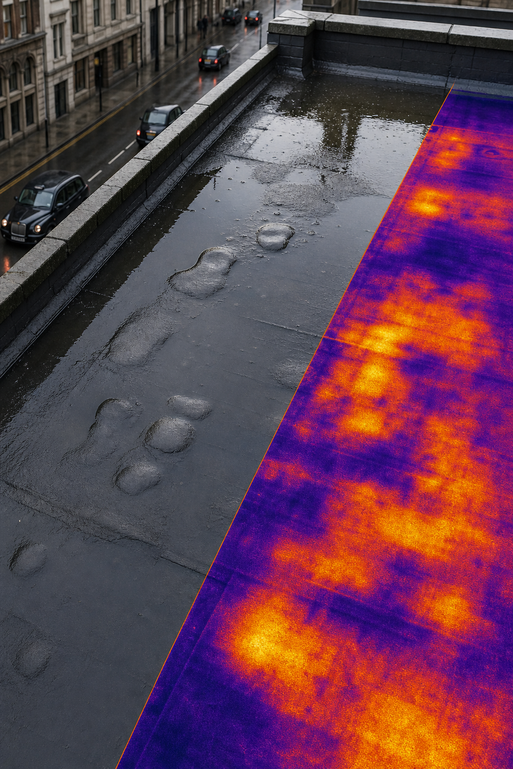 A close-up drone view of a commercial roof membrane showing blistering and ponding water near a parapet wall, with a thermal overlay highlighting moisture. Alt: Pre-solar roof defect survey with thermal imaging showing moisture saturation in flat roof membrane.