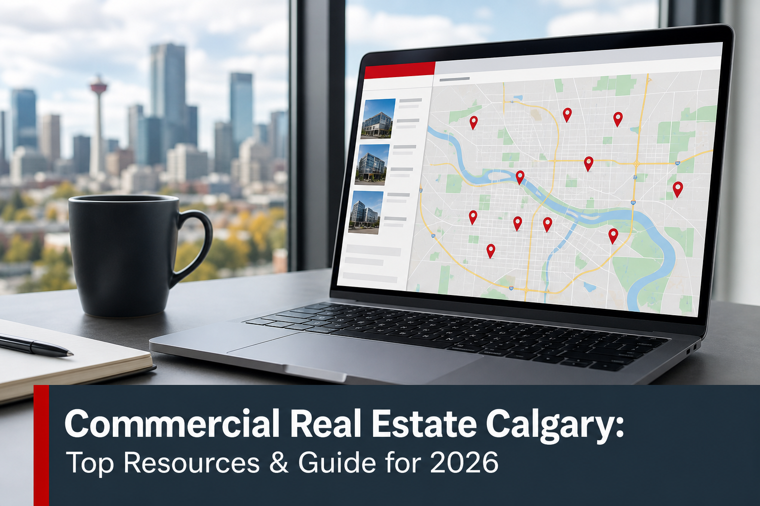 A realistic shot of a modern laptop screen displaying a commercial real estate search map with property pins in Calgary, with a coffee cup next to it. Alt: Calgary commercial real estate online search platforms.
