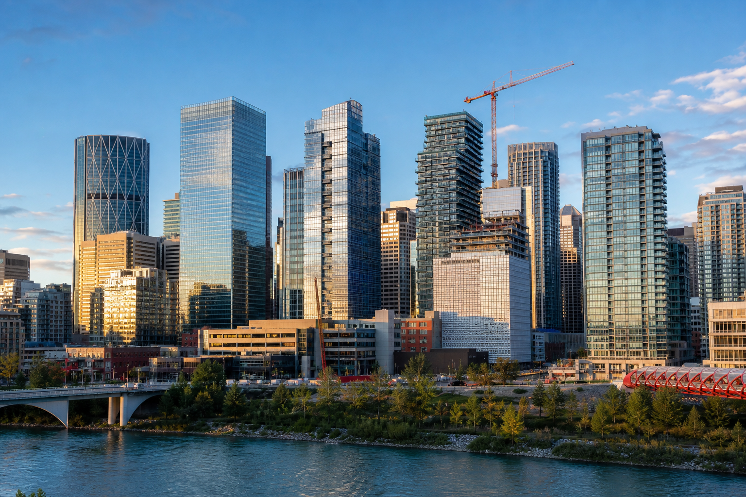 A realistic image of Calgary's downtown skyline with commercial buildings, showing a mix of office towers and construction cranes. Alt: Calgary commercial real estate market trends downtown skyline.