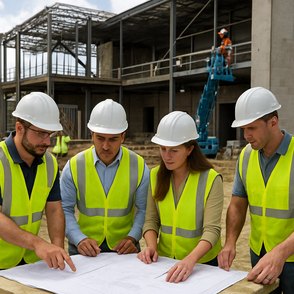 A busy construction site in Orlando with workers reviewing plans and inspecting finishes. Alt: commercial renovation contractor Central Florida construction execution and quality control.
