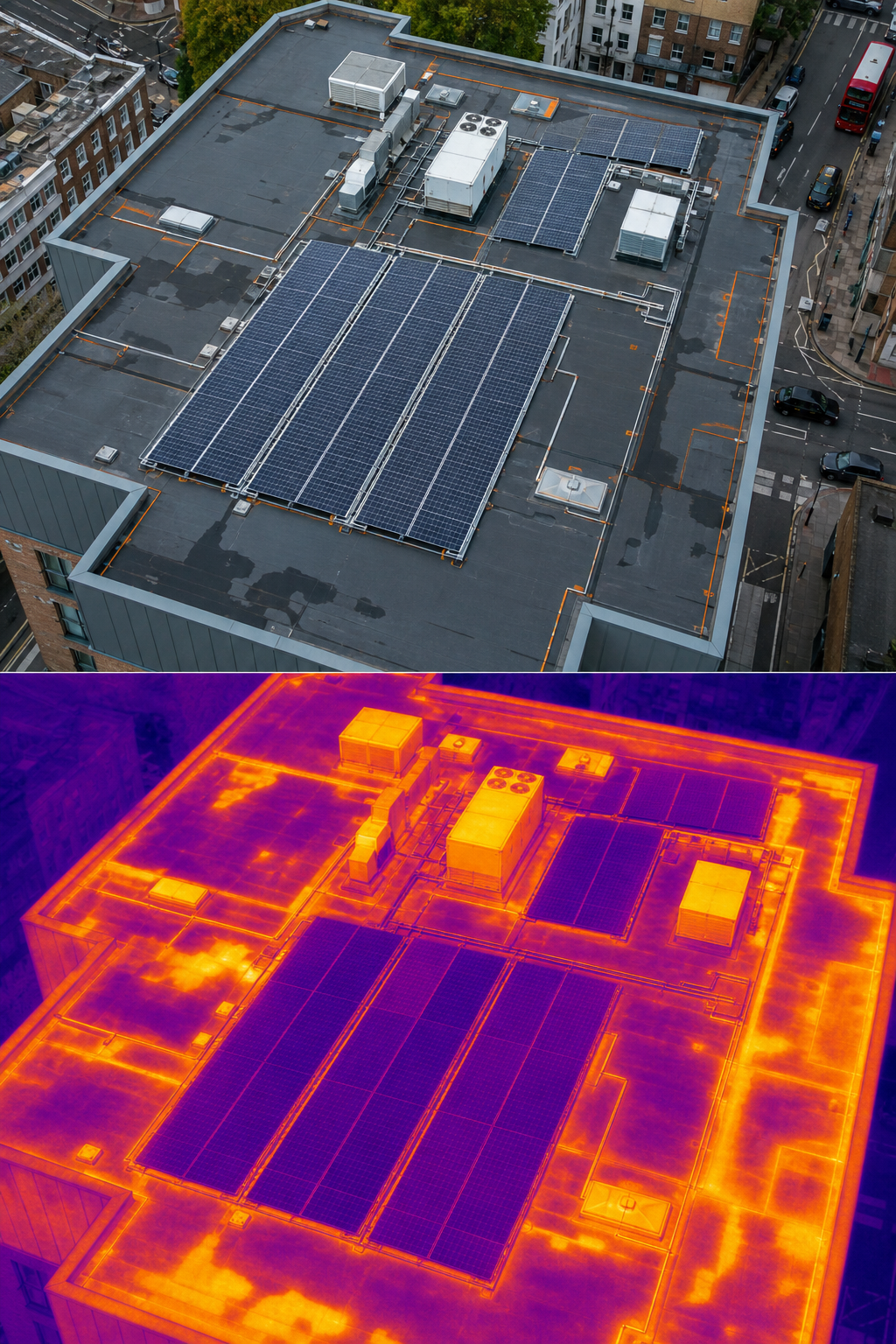 A realistic aerial view of a commercial flat roof captured by a drone, showing high‑resolution RGB and thermal overlays, with a clear focus on roof membranes and solar panels, alt text: commercial roof drone inspection with thermal imaging