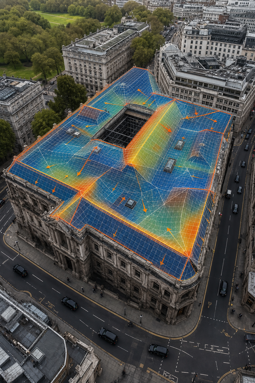 A photorealistic drone view of a large commercial roof with a 3D mesh overlay, highlighting roof pitch and drainage features, alt text: high‑resolution 3D roof mapping by drone