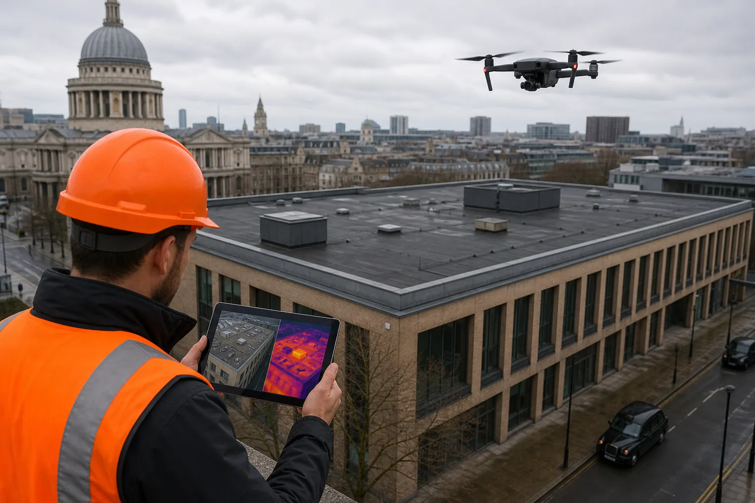 UK commercial roof drone survey capturing visual and thermal inspection data.