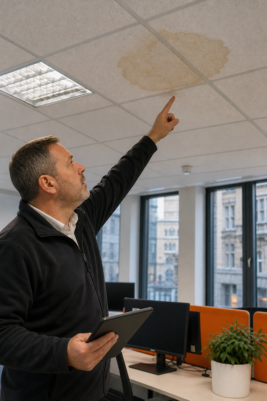 A facility manager pointing at a yellowish water stain on a suspended ceiling tile in an office interior. Alt: Interior water stain on commercial ceiling indicating a roof leak.