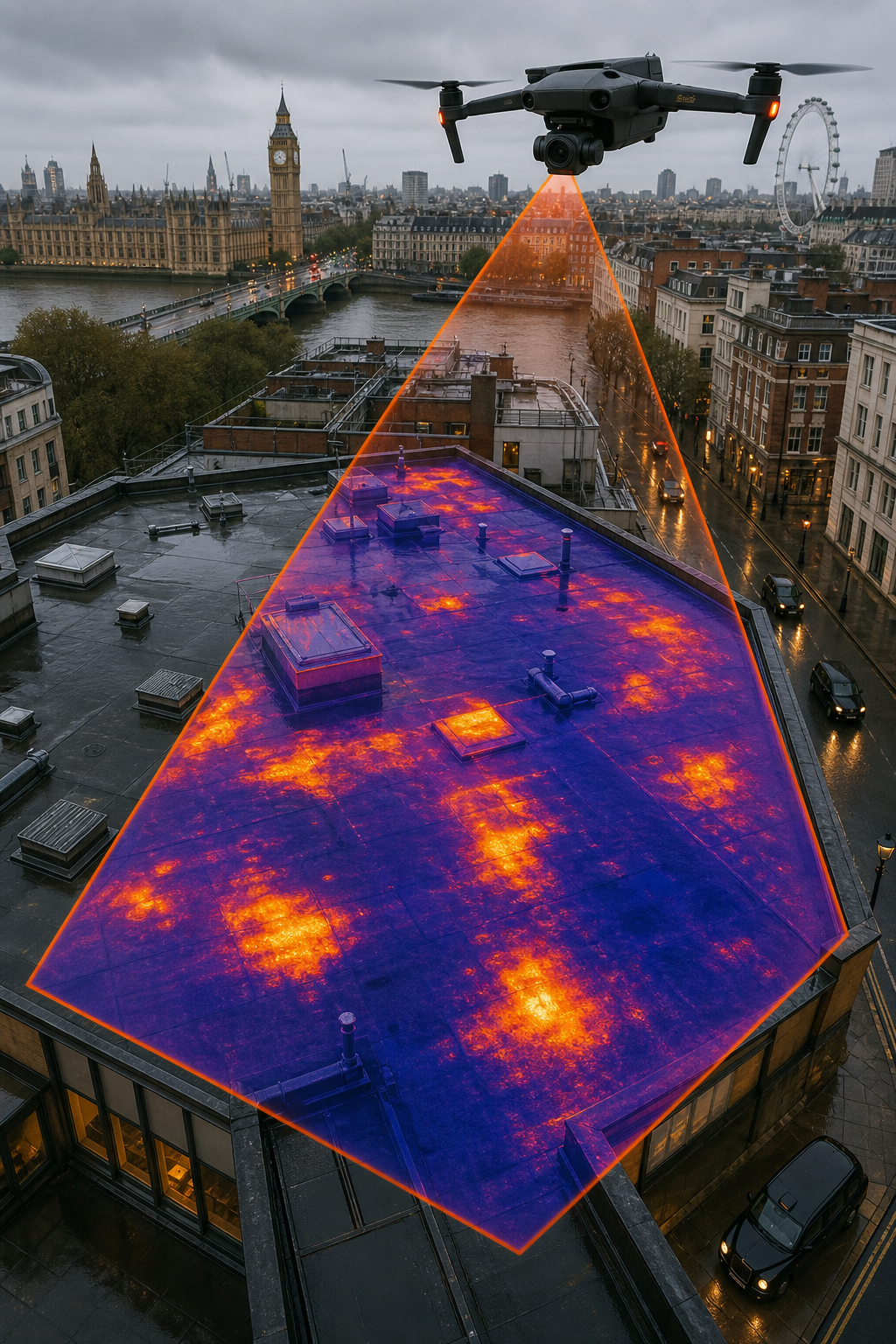A drone with a thermal camera flying over a commercial flat roof, with a thermal image overlay showing hot and cold spots. Alt: Drone thermal imaging for commercial roof leak detection.