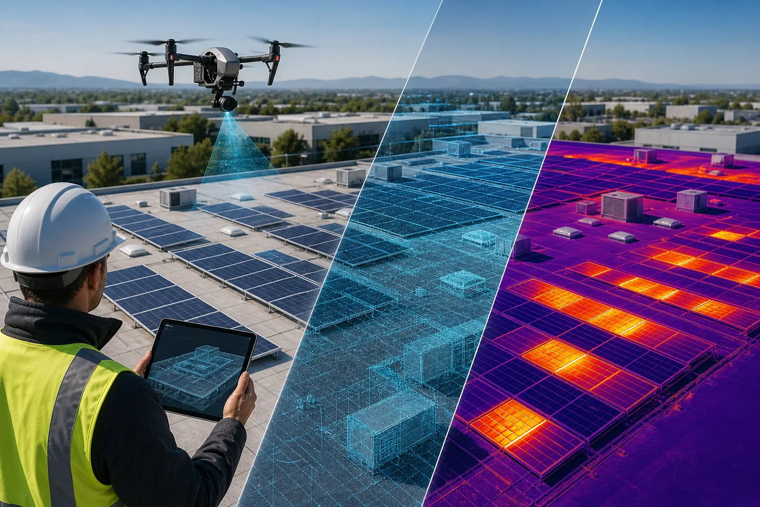 Drone Media Imaging: visual reference for 8. Drone Media Imaging , integrated 3D + thermal for rooftop PV arrays