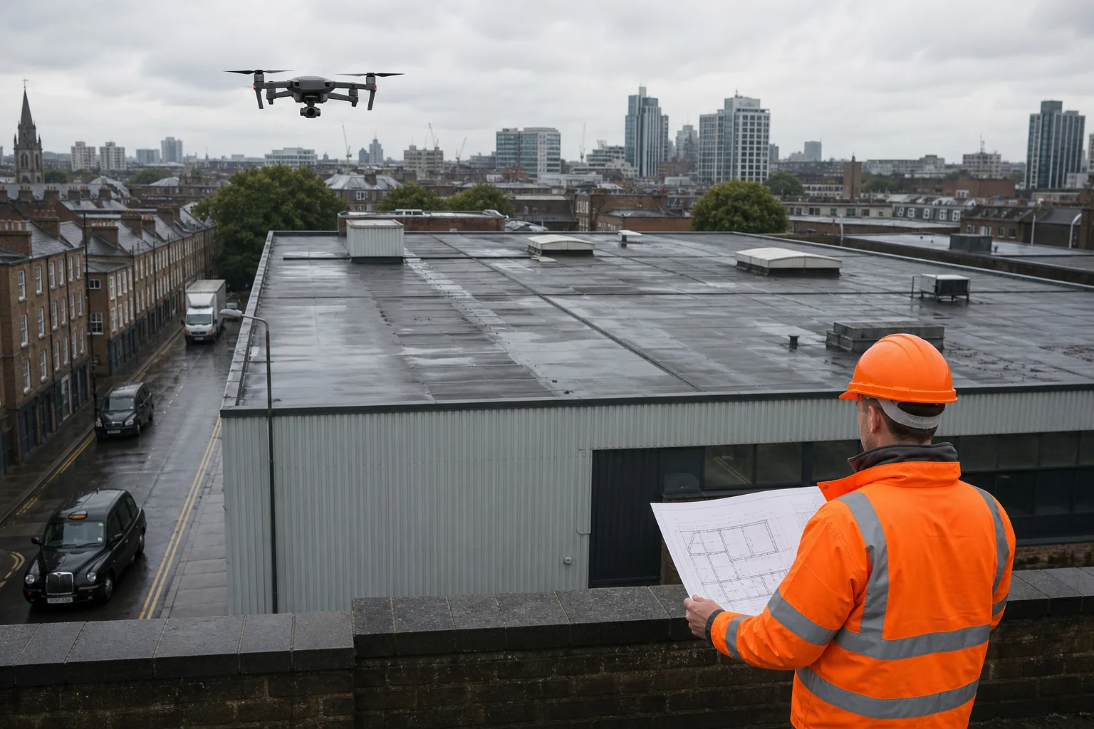 Drone inspection of a UK commercial roof as part of a planned roof survey.