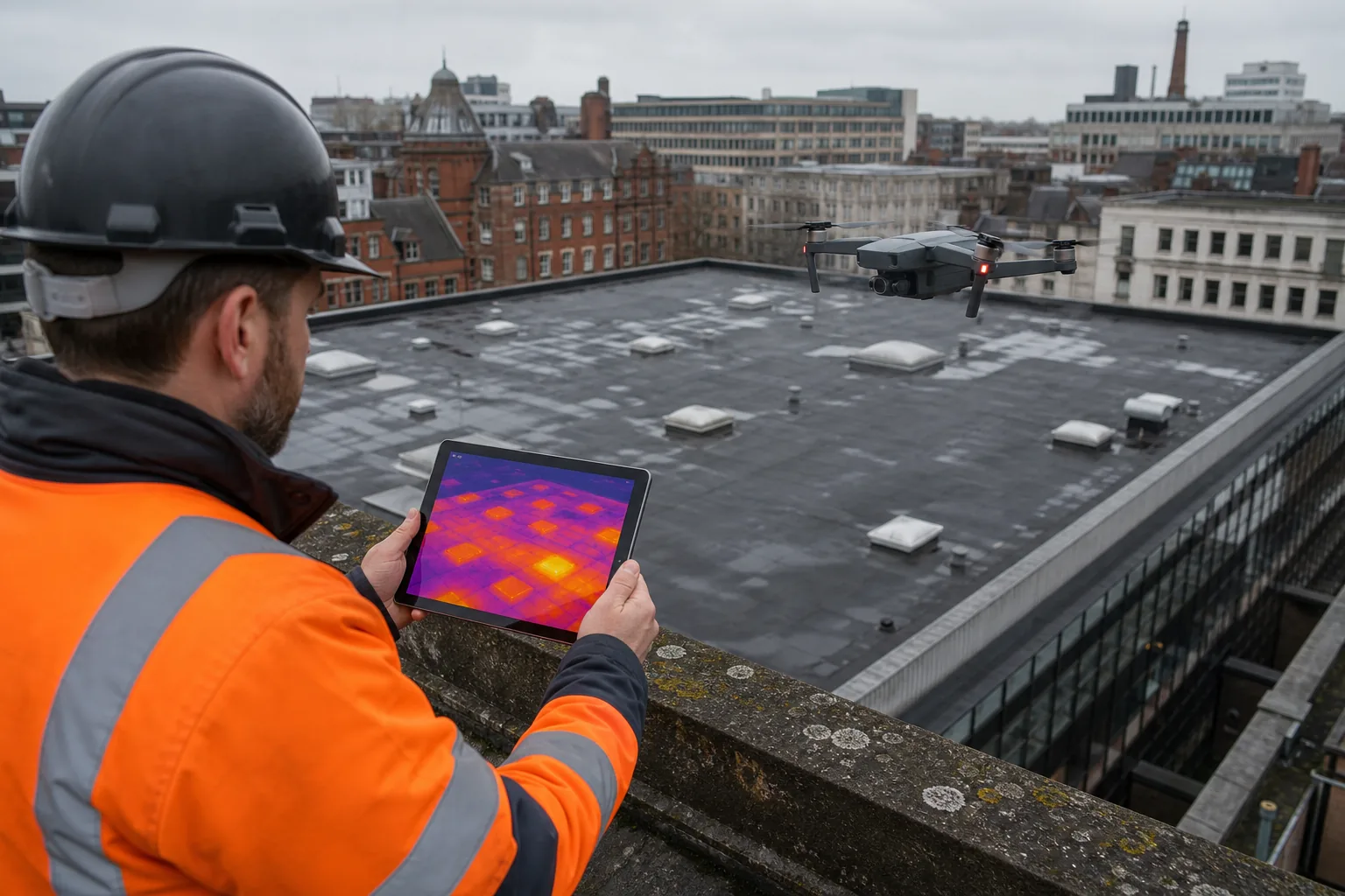 Thermal imaging helps identify roof areas that need further moisture checks.