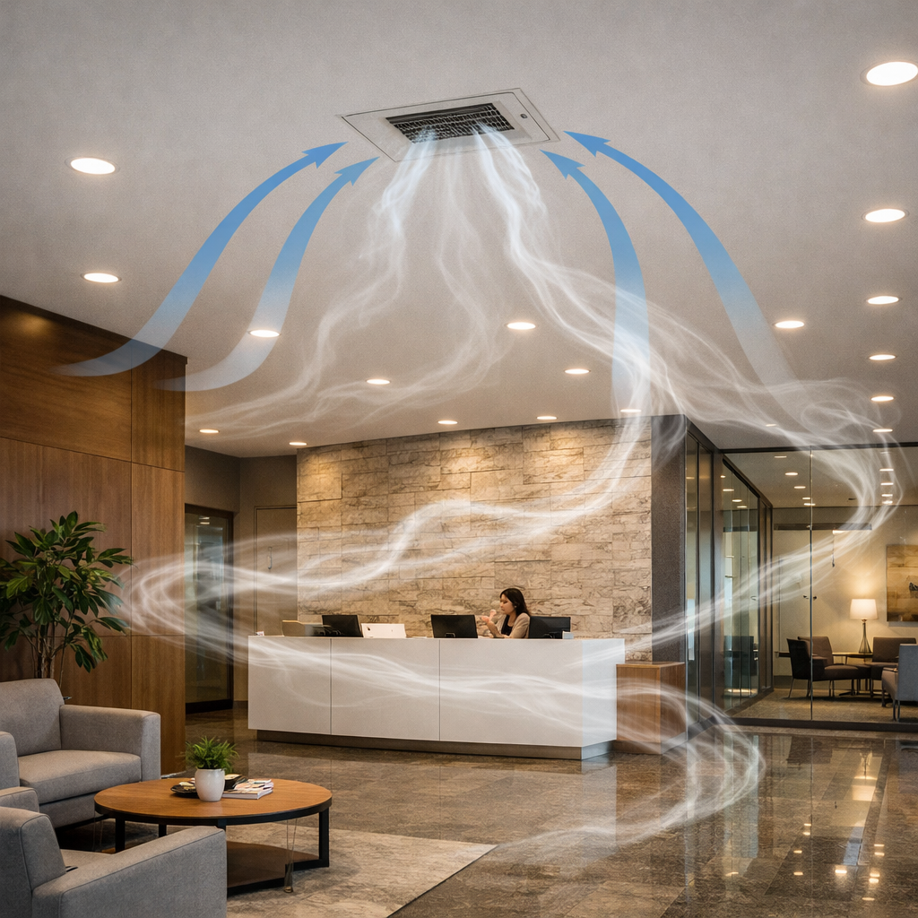 A realistic illustration of a modern office lobby with subtle fragrance mist floating, showing airflow patterns and a sleek diffuser hidden in the ceiling. Alt: commercial scent diffuser airflow diagram