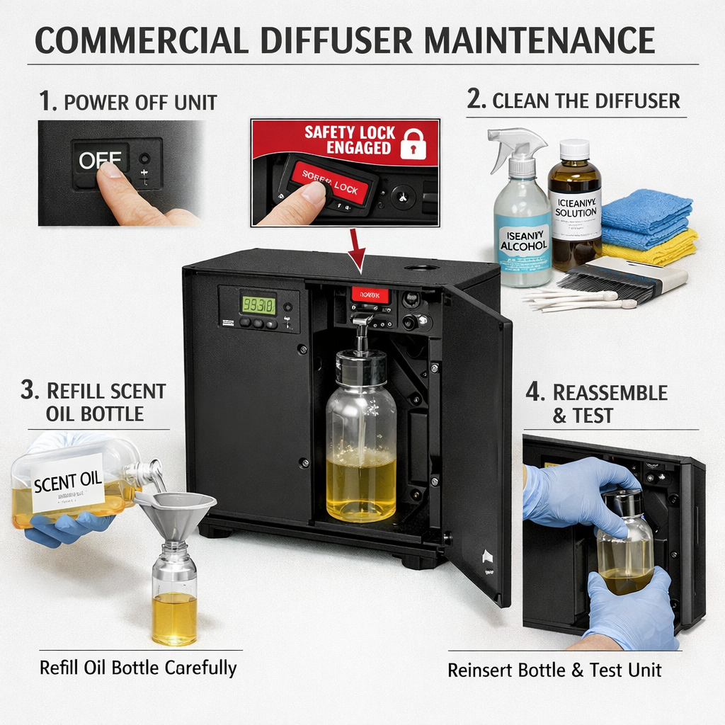 A realistic diagram of a commercial diffuser maintenance routine, showing cleaning tools, oil refill bottle, and safety lock. Alt: commercial scent diffuser maintenance steps