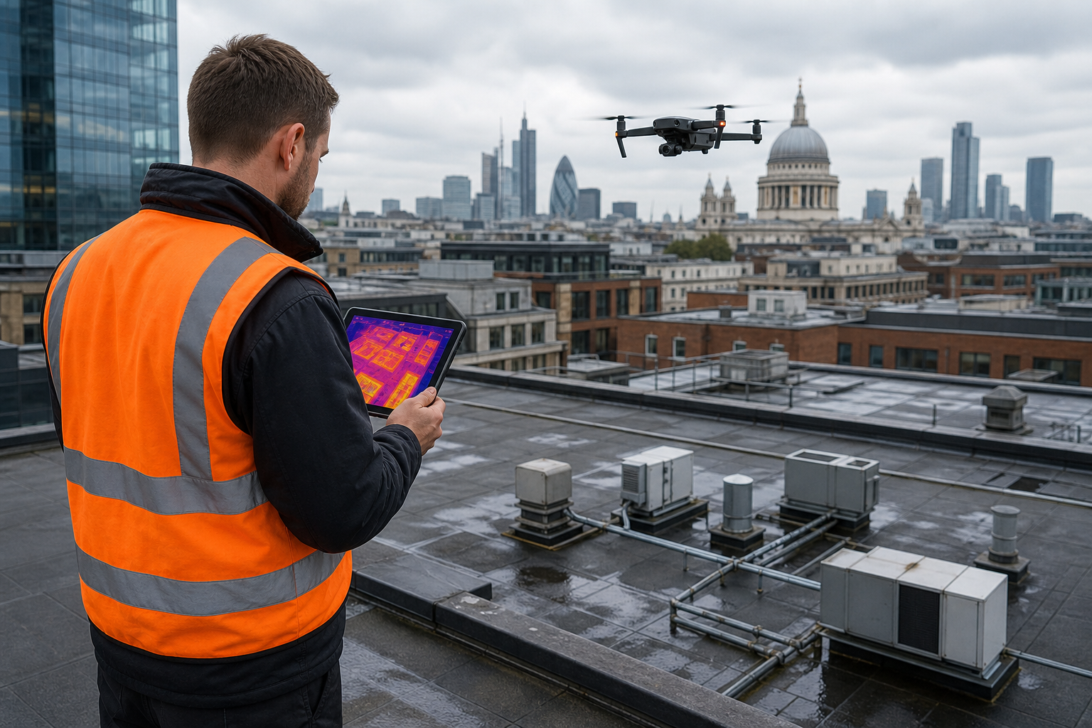 A drone flying over a commercial flat roof during a pre-solar installation survey, with a technician reviewing thermal data on a tablet. Alt: Commercial solar panel inspection process , pre-installation drone roof survey