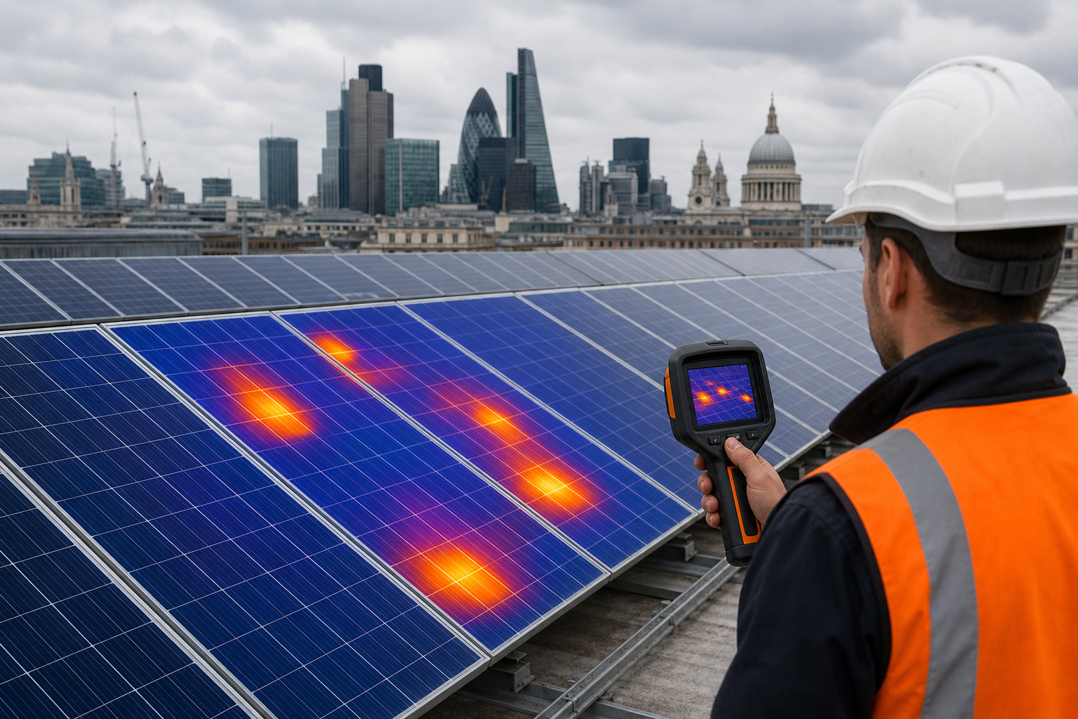 A thermal image overlay on a commercial solar panel array showing hot spots in red and orange against cool blue panels. Alt: IEC 62446 compliant thermal imaging inspection of commercial solar panels
