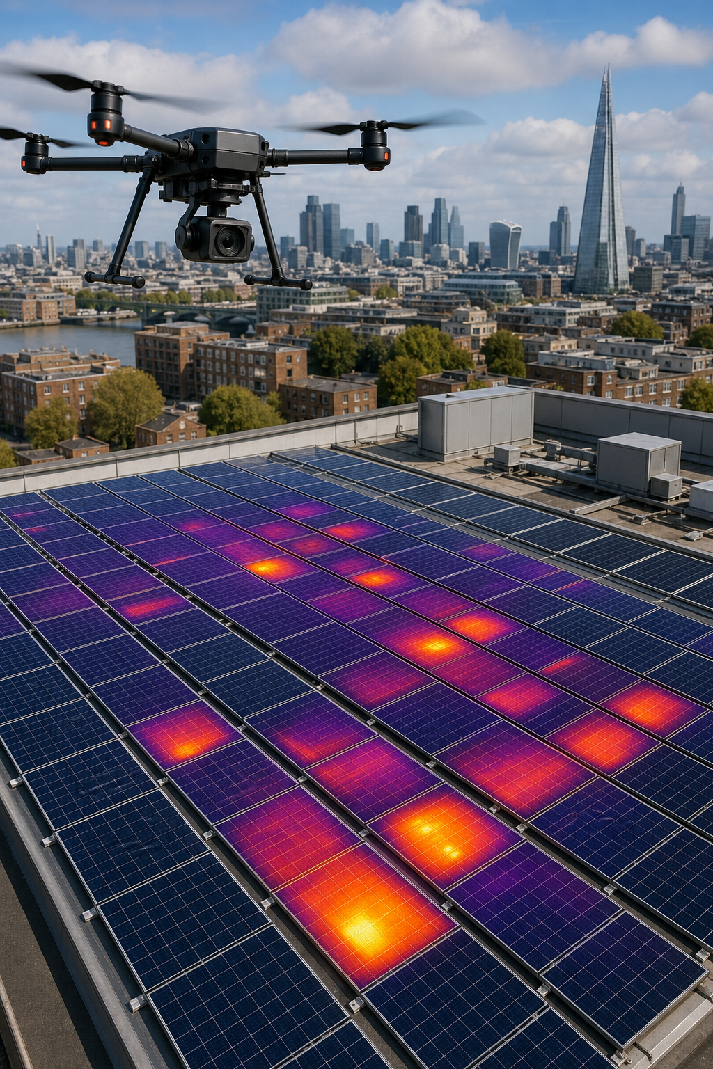 A drone with a thermal camera flying over a large flat commercial rooftop covered with solar PV panels on a bright day, showing a heat map overlay on an angled downward view. Orange and yellow hotspot markers highlight specific panel anomalies. Alt: commercial solar panel inspection drone thermography on UK rooftop PV array
