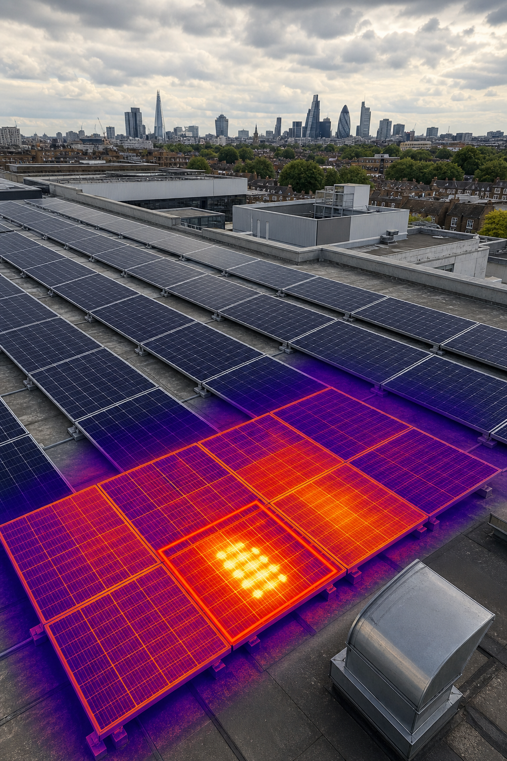 A wide-angle view of a commercial flat rooftop with rows of solar panels, with a thermal imaging overlay showing heat distribution across the array. A red-highlighted section indicates a potential hotspot fault zone relevant to fire risk assessment. Alt: insurance fire risk solar panel inspection thermal imaging commercial rooftop UK