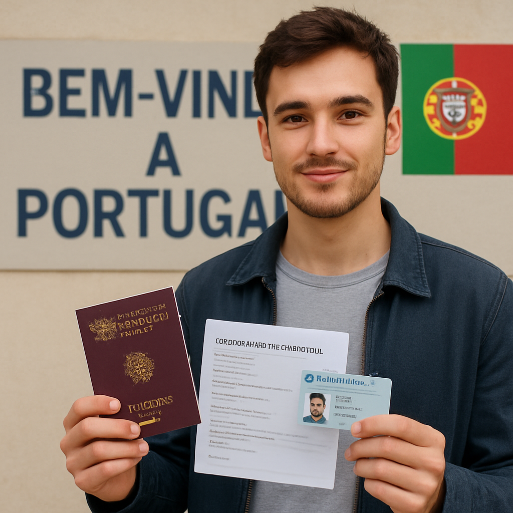 Um jovem segurando documentos (passaporte, cartão de cidadão, comprovante de residência) em frente a um cartaz de “Bem‑vindo a Portugal”. Alt: Preparar documentos para emprego Portugal