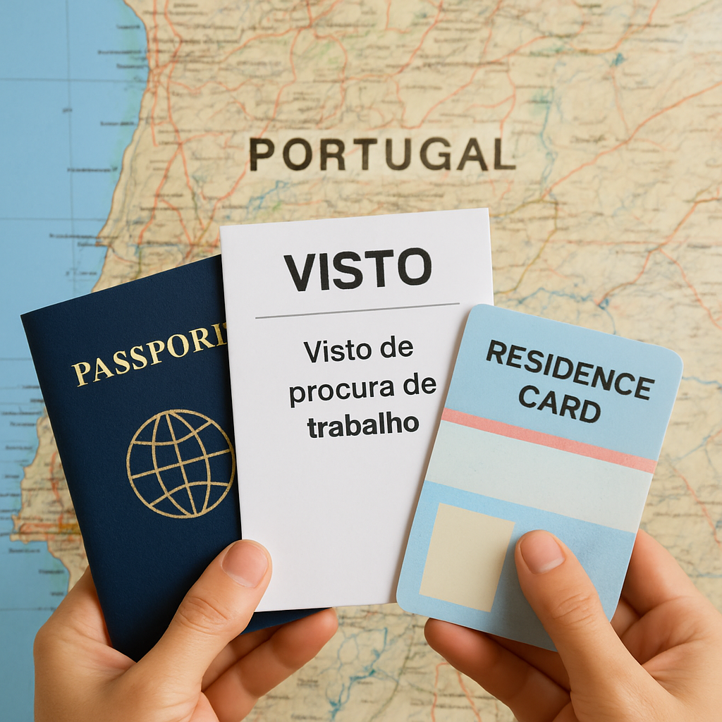 Uma pessoa segurando diferentes tipos de documentos de visto (passaporte, visto de procura de trabalho, cartão de residência) em frente a um mapa de Portugal. Alt: Comparação de vistos para quem busca emprego Portugal.