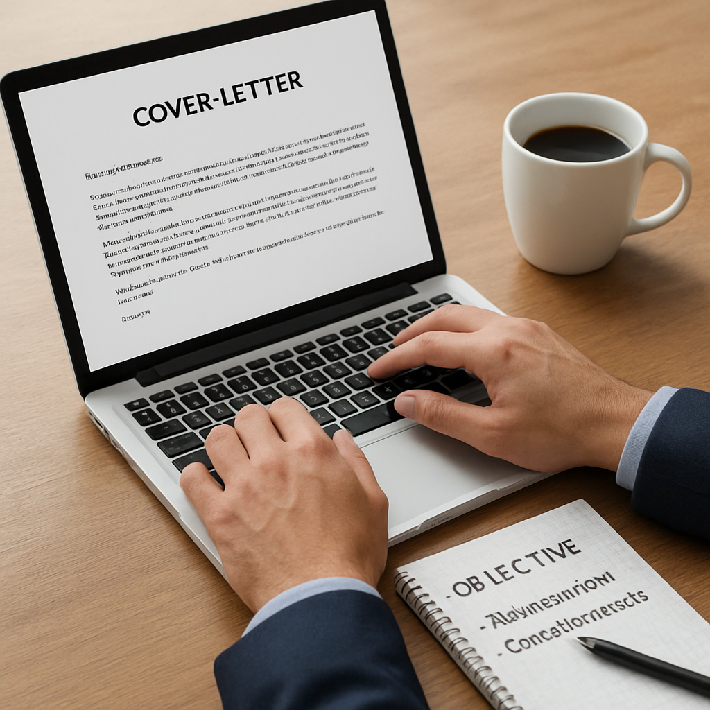 A profissional escrevendo uma carta de apresentação espontânea em um laptop, com uma caneca de café e um bloco de notas mostrando objetivos chave.