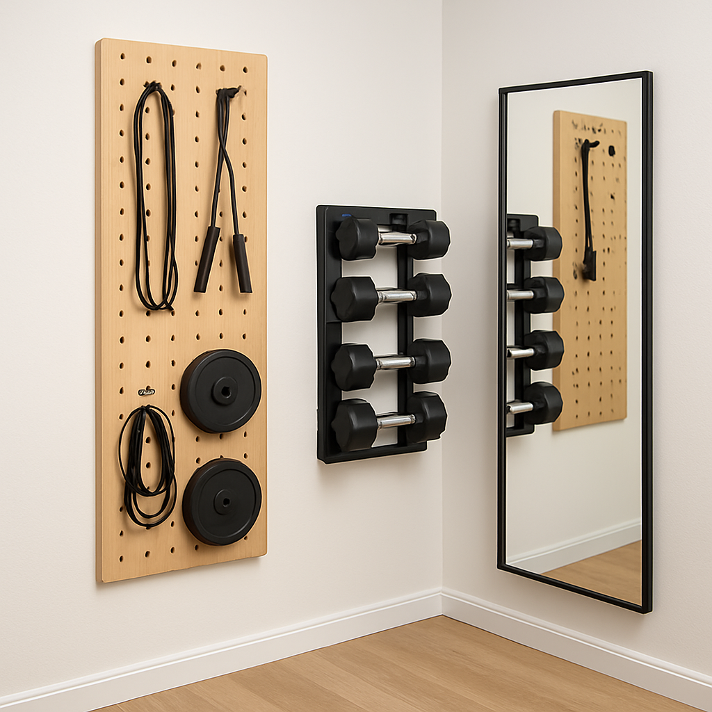 A compact home gym corner with wall‑mounted pegboard, fold‑away dumbbell rack, and a full‑length mirror. Alt: Smart storage solutions for a compact home gym