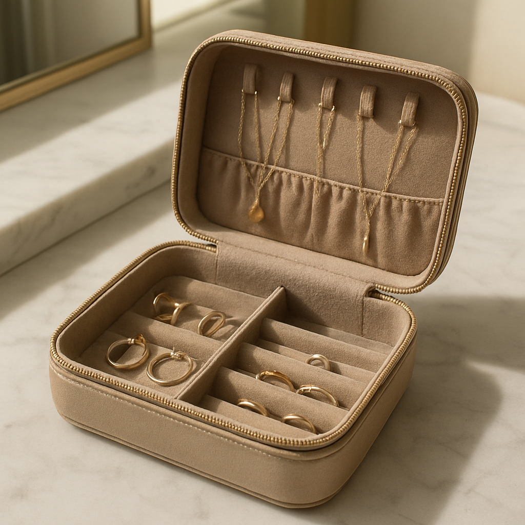 A photorealistic image of a sleek, velvet‑lined compact travel jewelry case opened on a marble hotel vanity, showing neatly arranged necklaces, earrings, and rings, soft natural lighting highlighting the case’s texture, appealing to stylish women travelers.