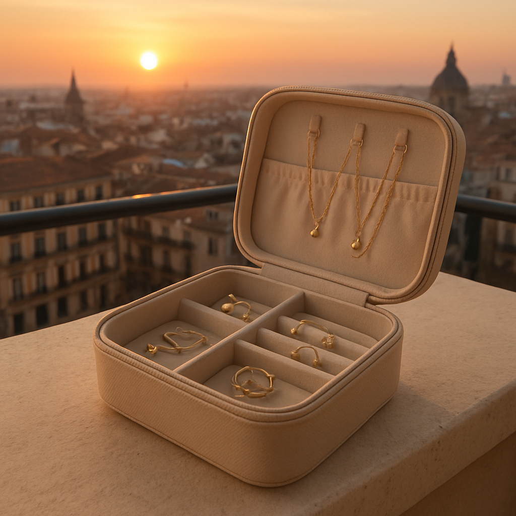 A photorealistic compact travel jewelry case opened on a hotel balcony, showing neatly arranged necklaces, earrings, and rings, with a sunrise over a European cityscape. Alt: compact travel jewelry case size guide for fashion‑forward travelers.