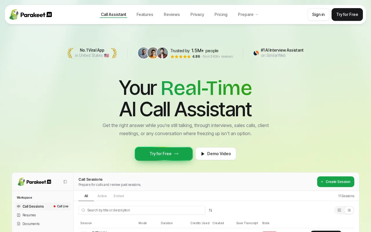 Screenshot of the ParakeetAI website