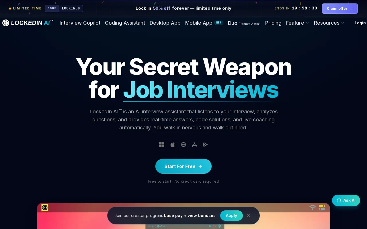 Screenshot of the LockedIn AI website