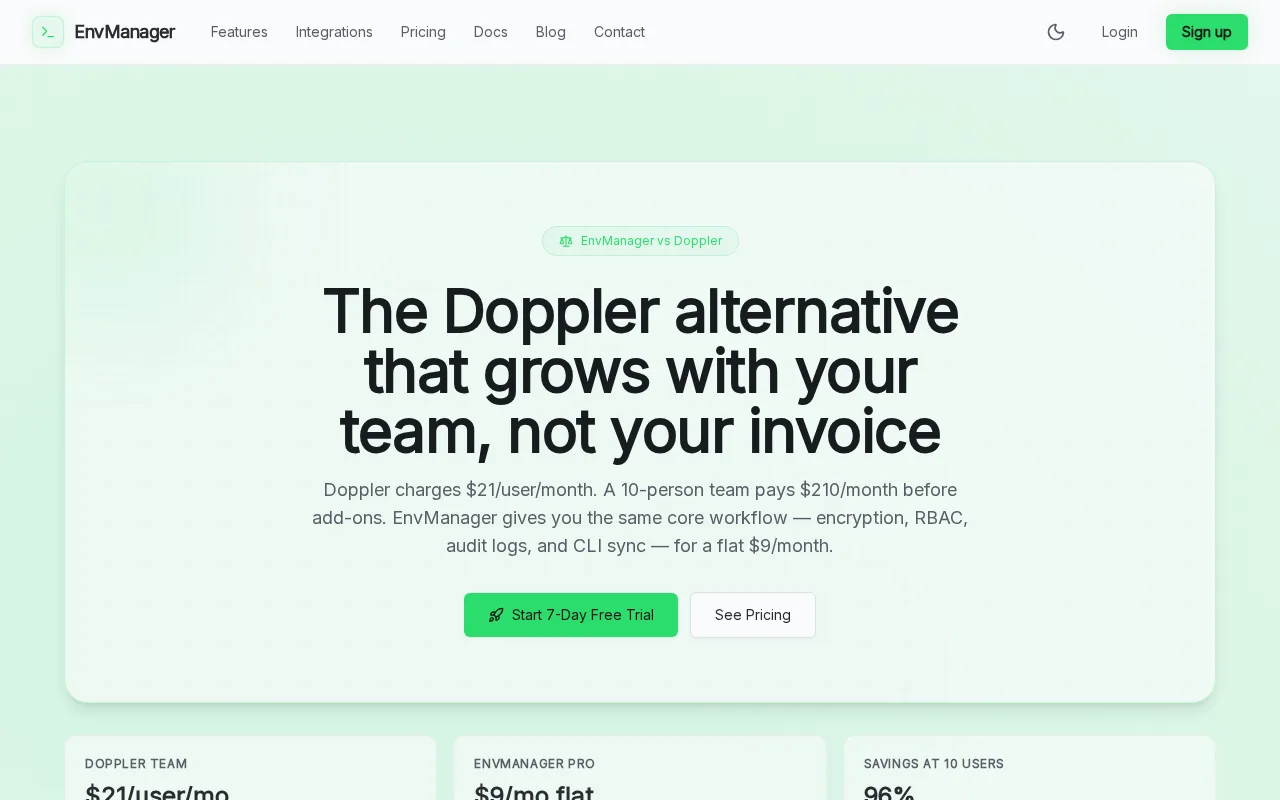 Screenshot of the EnvManager vs Doppler website