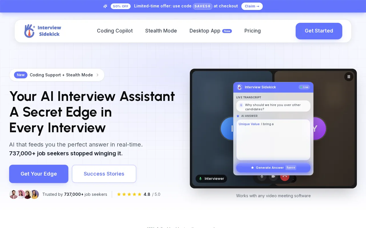 Screenshot of the InterviewSidekick website