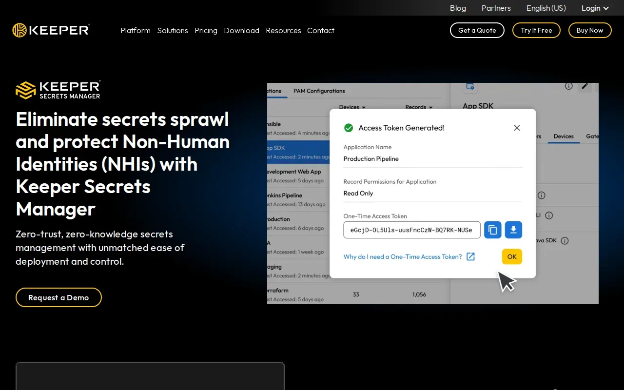 Screenshot of the Keeper Secrets Manager (by Keeper Security) website