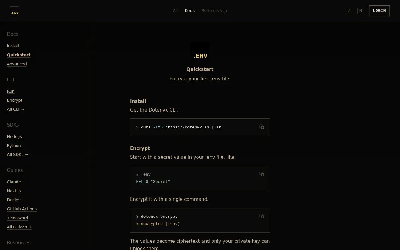 Screenshot of the dotenvx by Motdotla website