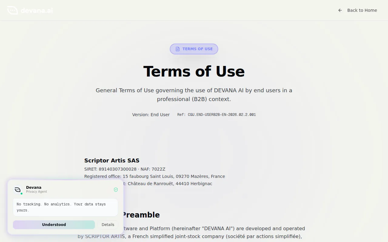 Screenshot of the Devana website