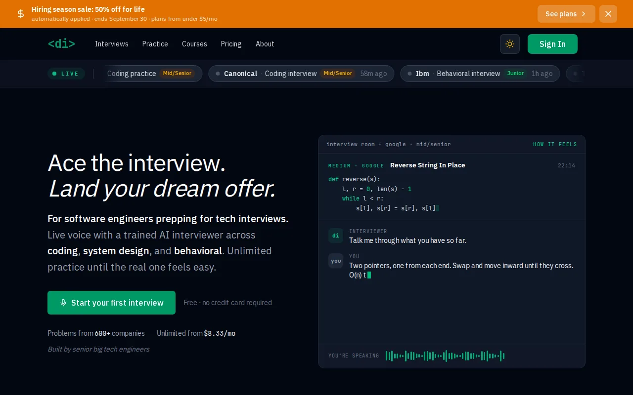 Screenshot of the DevInterview.AI website